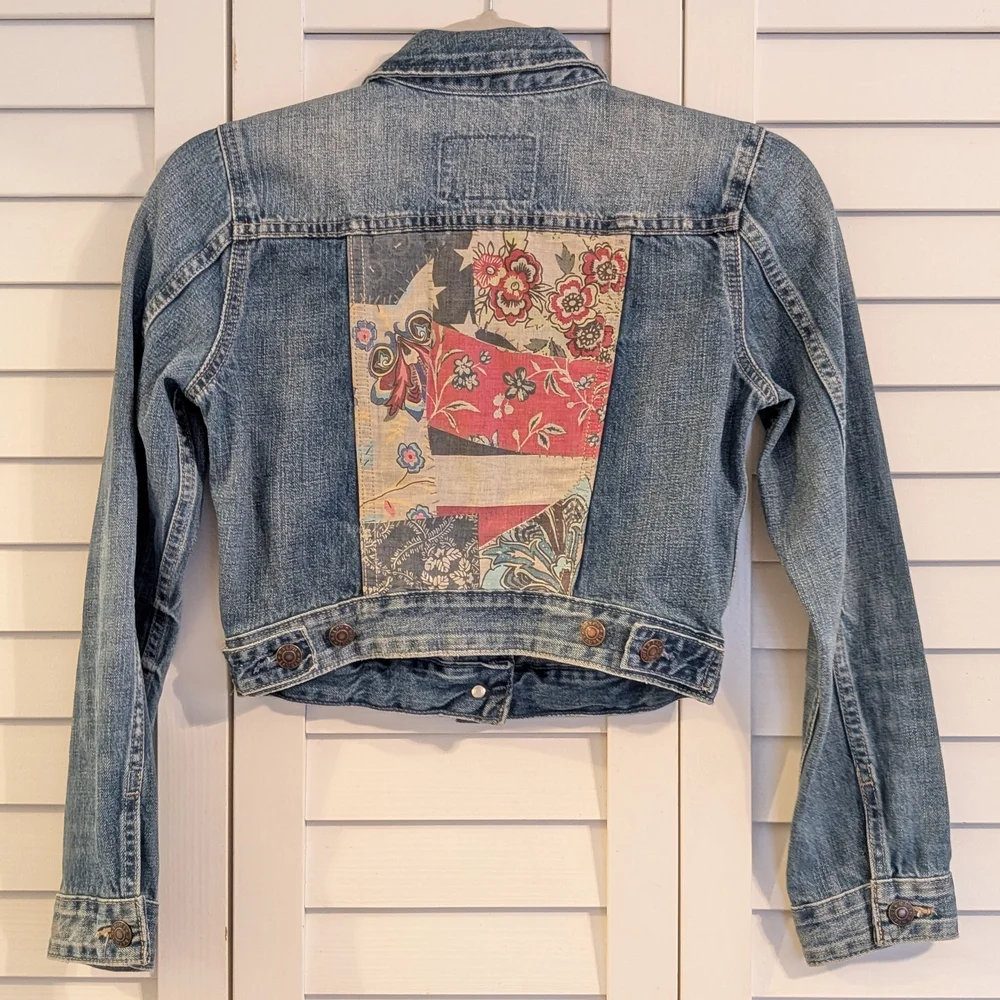 Ralph Lauren Girls Blue Denim Cropped Jean Jacket Patchwork Distressed